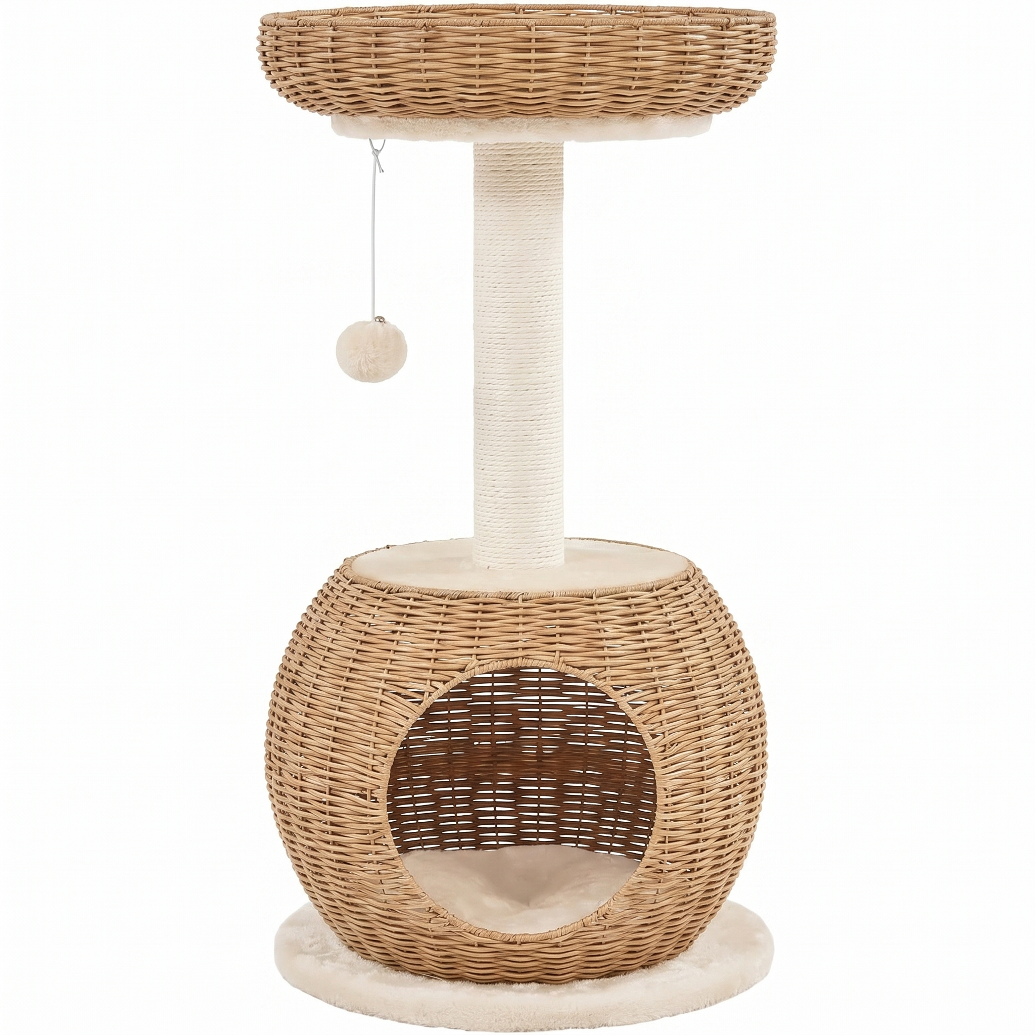 Lumen rattan cat tower with condo and cushioned top perch on a white background