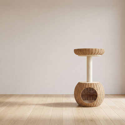 Lumen rattan cat tower in a minimal room with pale oak floor