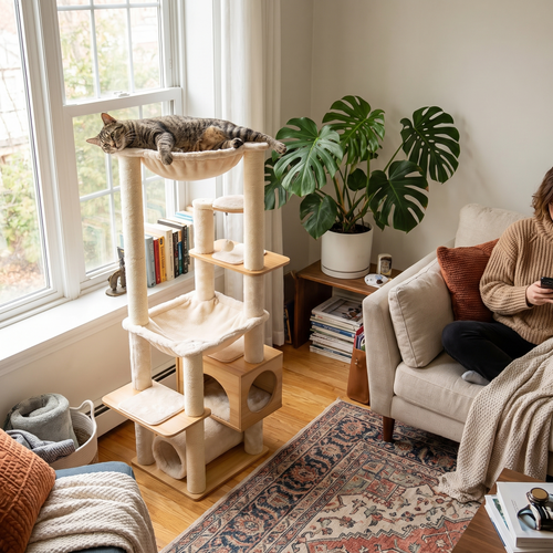 Meridian | Height Adjustable Wooden Cat Tower with Large Hammock and Sisal Posts