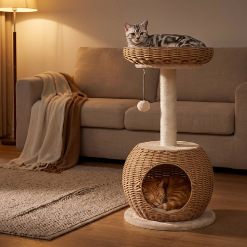 Lumen | Rattan Cat Tower with Woven Condo and Cushioned Top Perch