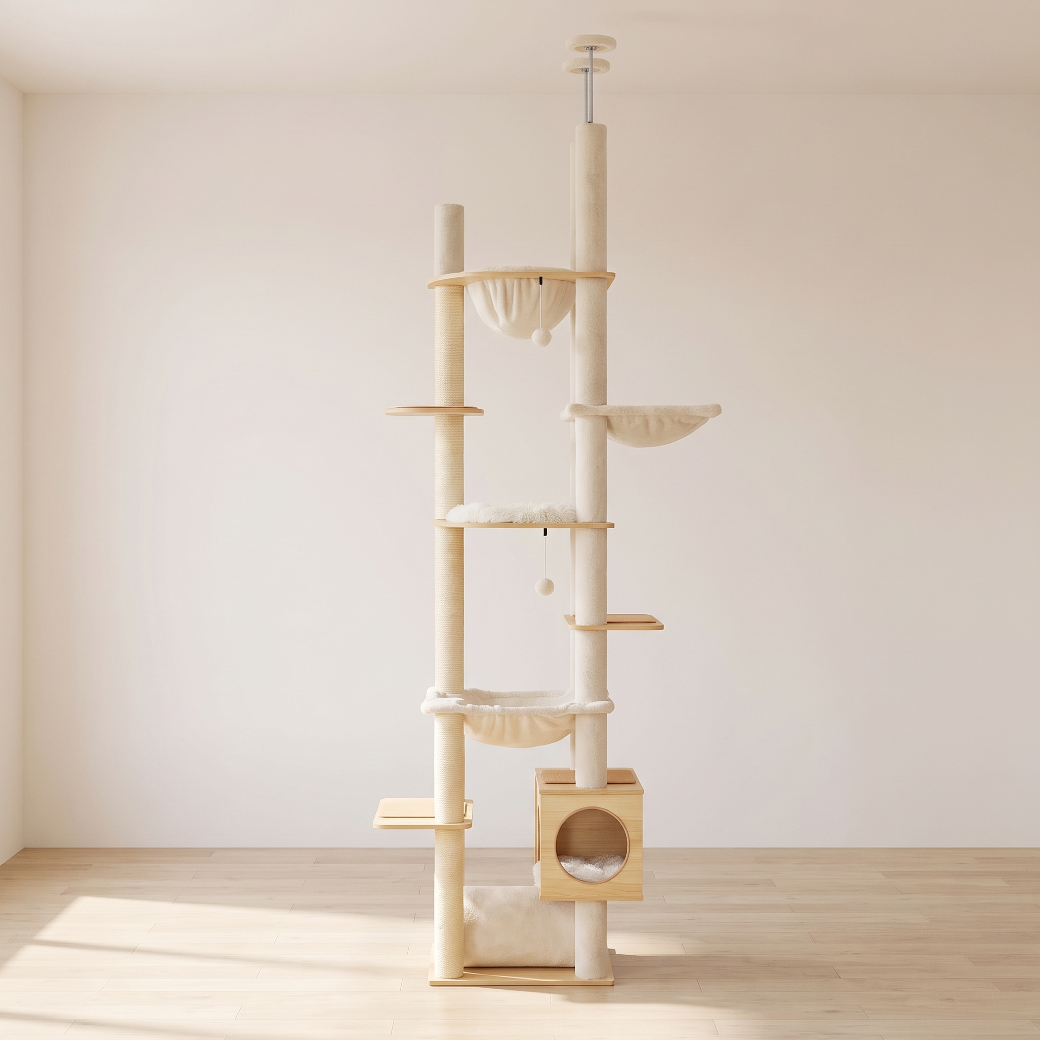 Meridian cat tower in a minimal room with pale oak floor