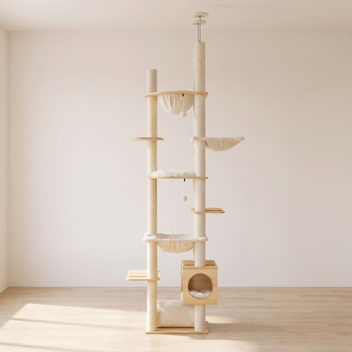 Meridian | Height Adjustable Wooden Cat Tower with Large Hammock and Sisal Posts