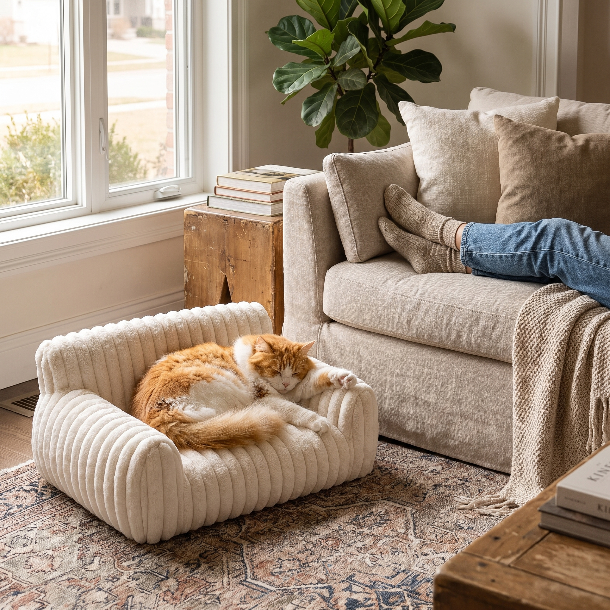 Loveseat corduroy cat couch in use with a cat curled into the corner