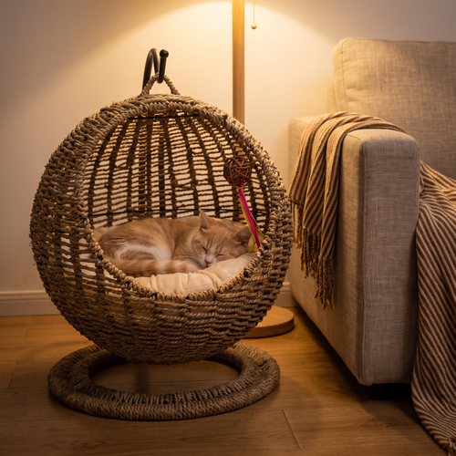 Nidra | Semi Enclosed Rattan Hanging Cat Hammock Basket for Indoor Kittens