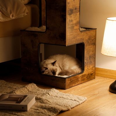 Nook cat condo house in warm evening light with a cat asleep inside