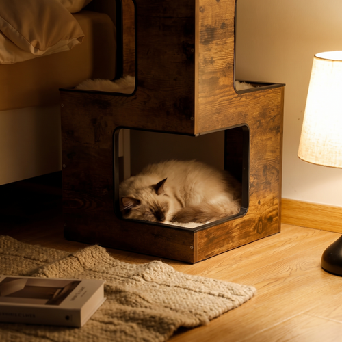 Nook | Wooden Cat Condo House Bed with Removable Soft Mats and Scratching Pad