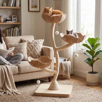 Monarch cat tower in use with two cats in different condos