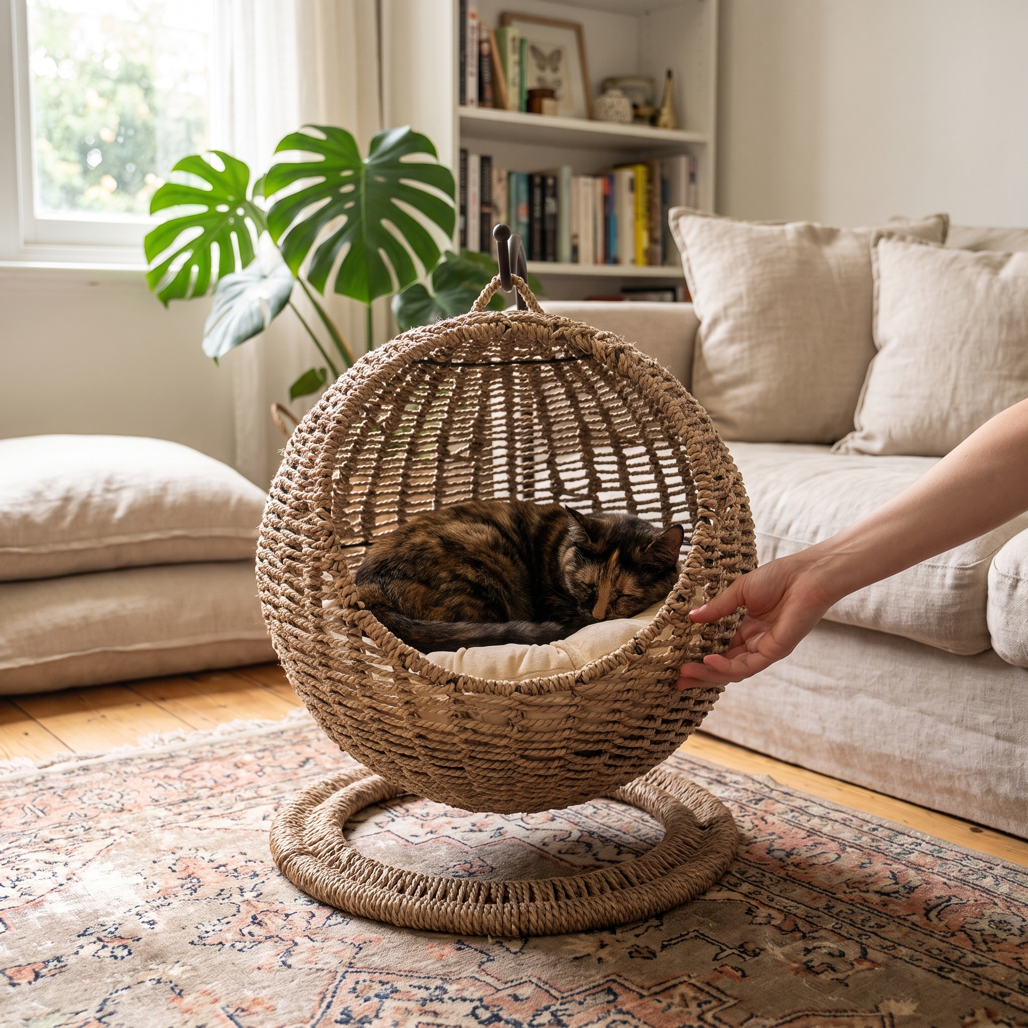 Nidra hanging rattan cat hammock basket in use with a cat curled inside