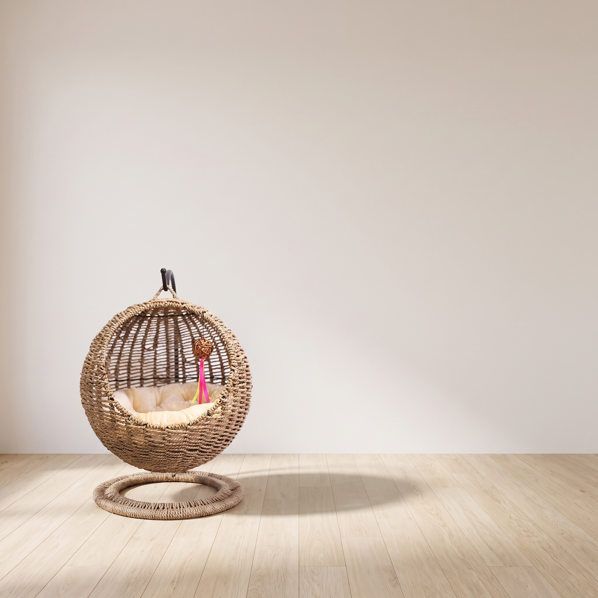 Nidra hanging cat basket in a minimal room with pale oak floor