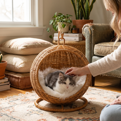 Ovella elevated egg chair cat bed in a lived-in living room with a cat settling in