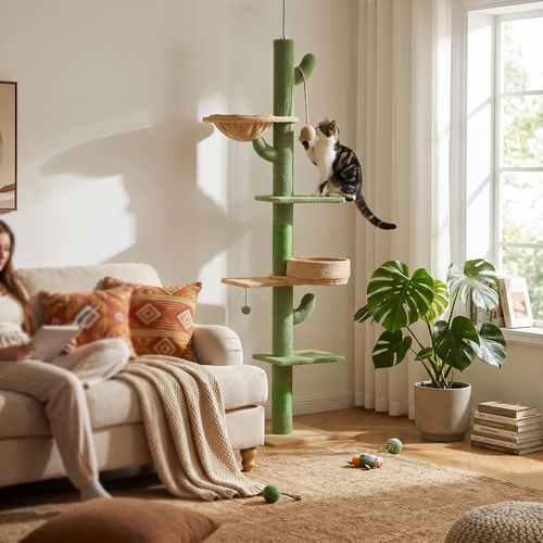 Nopal | Adjustable Height Cactus Cat Tree with Hammock and Play Balls