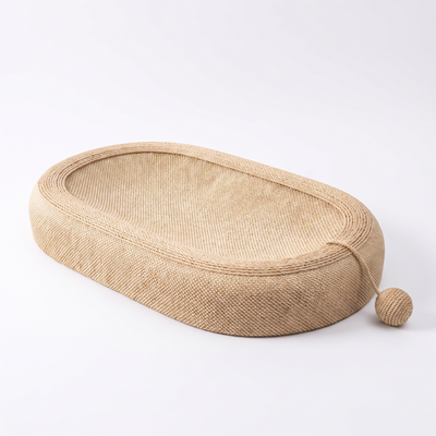 Ovale oval rope wrapped cat scratching board on a plain white background