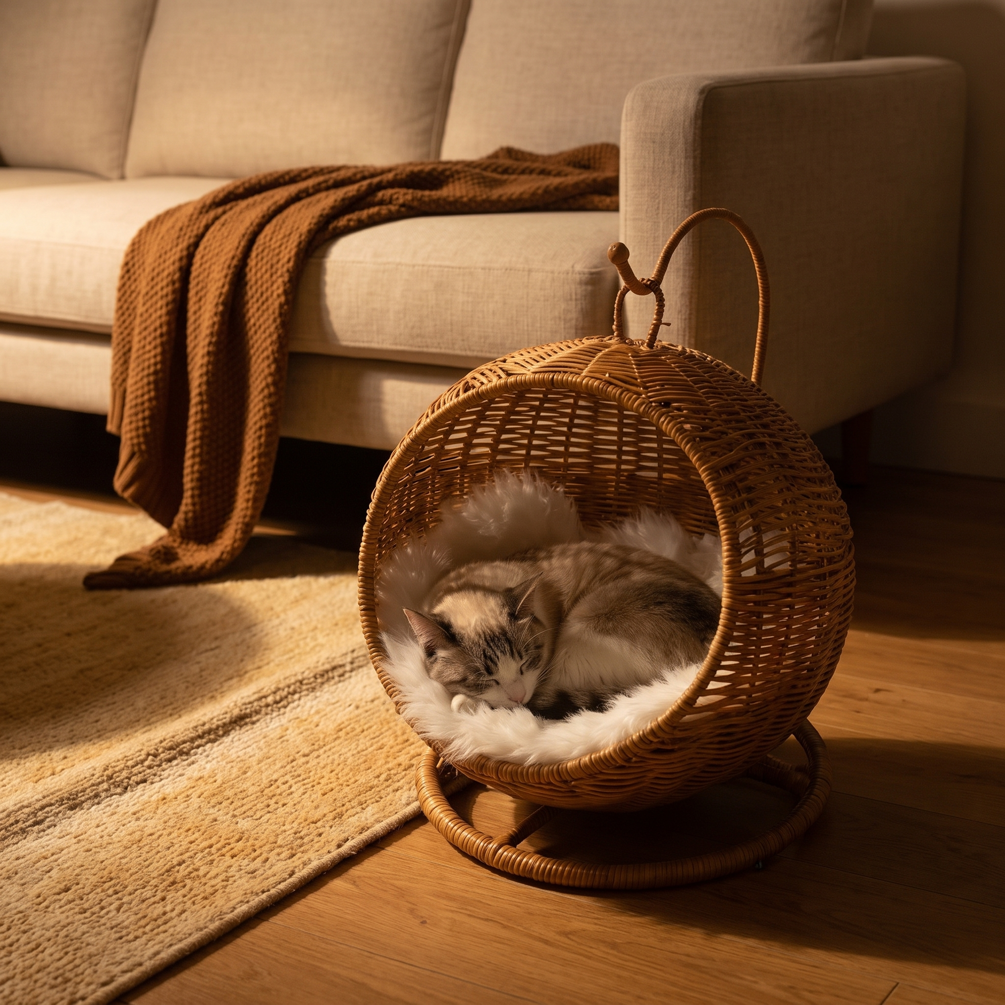 Ovella egg chair cat bed in warm evening light with a cat curled asleep inside