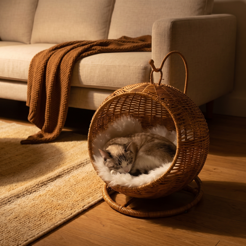 Ovella | Handwoven Elevated Egg Chair Cat Bed with Stand and Soft Cushion