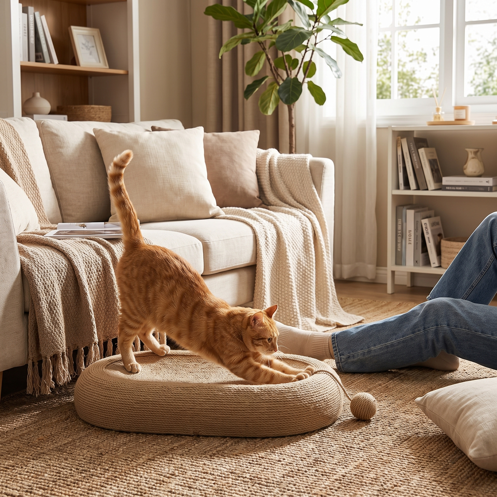 Ovale oval rope cat scratching board in a lived-in room with a cat stretching on it
