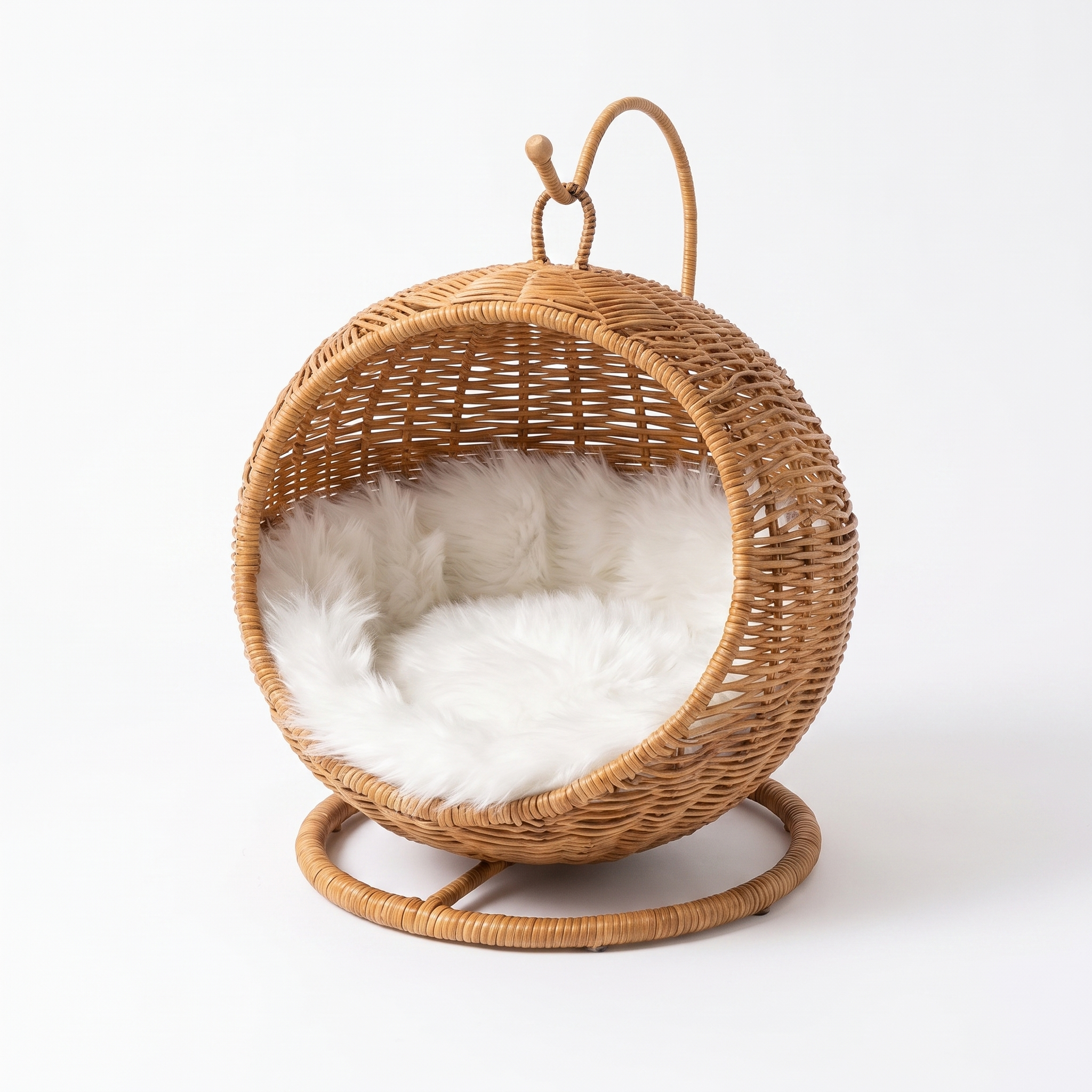 Ovella handwoven egg chair cat bed with stand on a plain white background