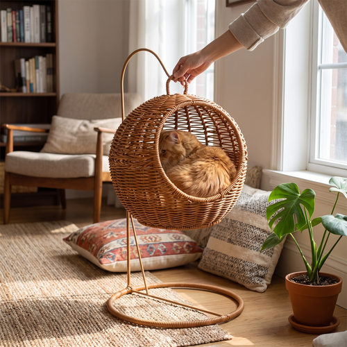 Perla | Semi Enclosed Rattan Hanging Cat Basket Bed for Small Apartments