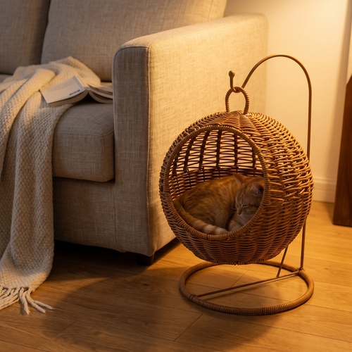 Perla | Semi Enclosed Rattan Hanging Cat Basket Bed for Small Apartments