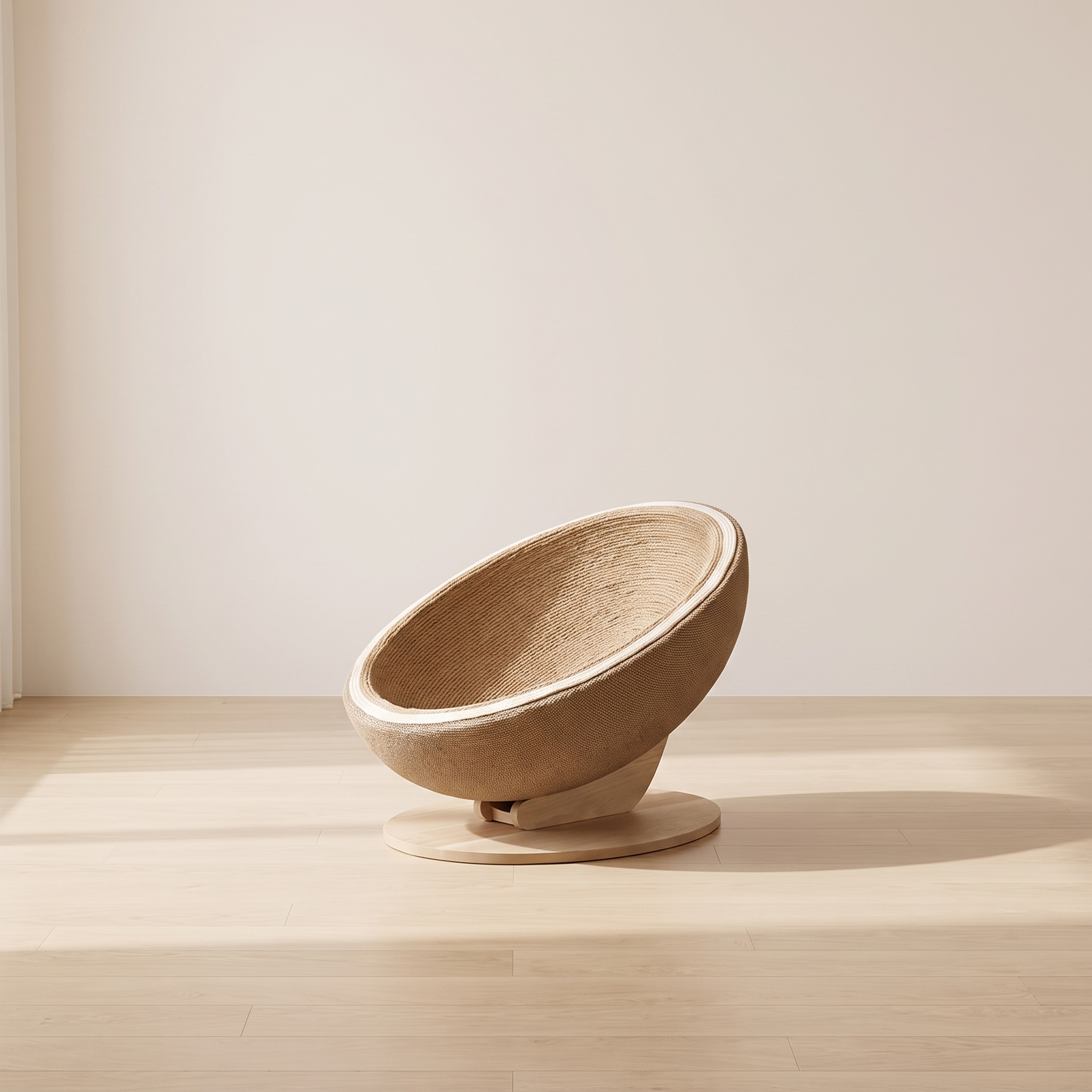 Ovoid sisal rope cat scratcher bed in a minimal room against a warm off-white wall