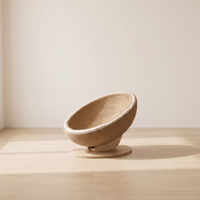 Ovoid sisal rope cat scratcher bed in a minimal room against a warm off-white wall