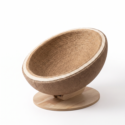 Ovoid eggshell sisal and jute rope cat scratcher bed on a plain white background