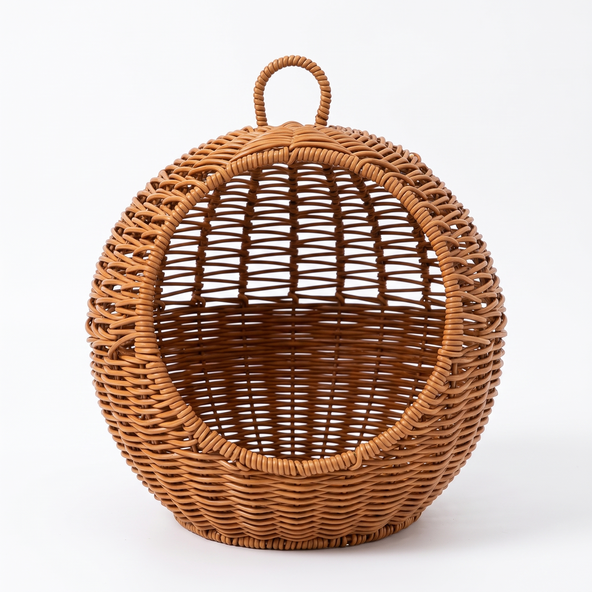 Perla semi enclosed hanging rattan cat basket bed on a plain white background