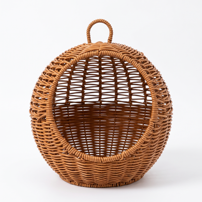 Perla semi enclosed hanging rattan cat basket bed on a plain white background