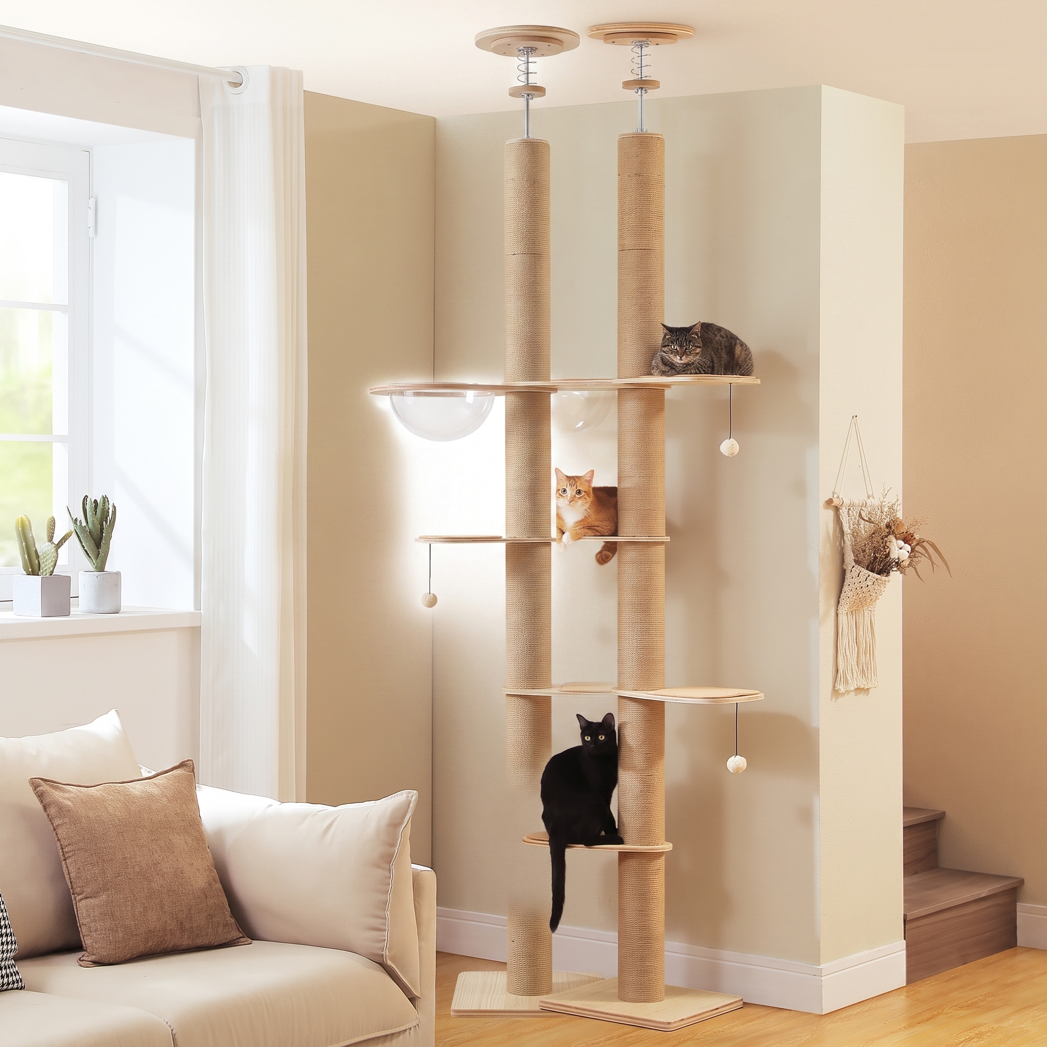 Pillar floor to ceiling adjustable cat tower with acrylic cave on a plain white background