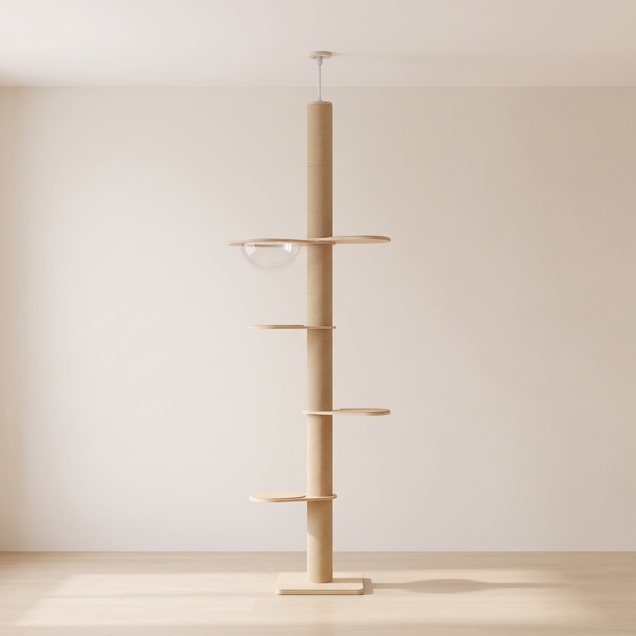 Pillar floor to ceiling cat tower in a minimal room against a warm off-white wall