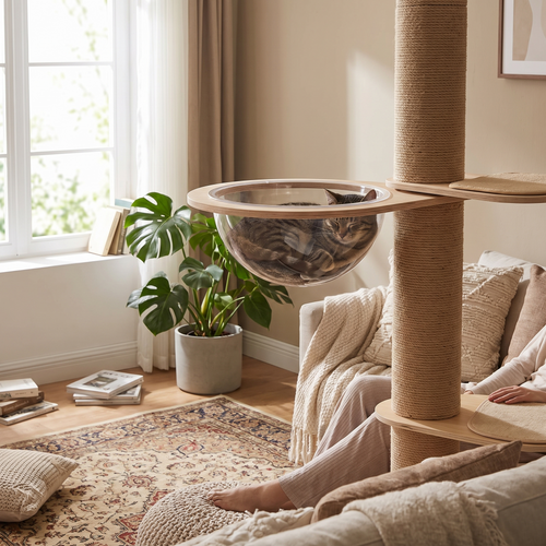Pillar | Floor to Ceiling Adjustable Cat Tower with Acrylic Cave and Thick Posts