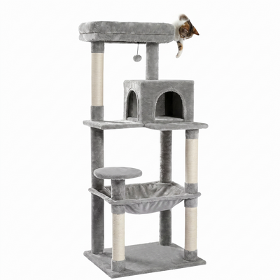 Quintet five level cat tower with oversized hammock and condo on a plain white background