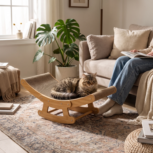 Rocca | Bamboo Frame Cat Rocking Chair with Corrugated Scratcher Bed