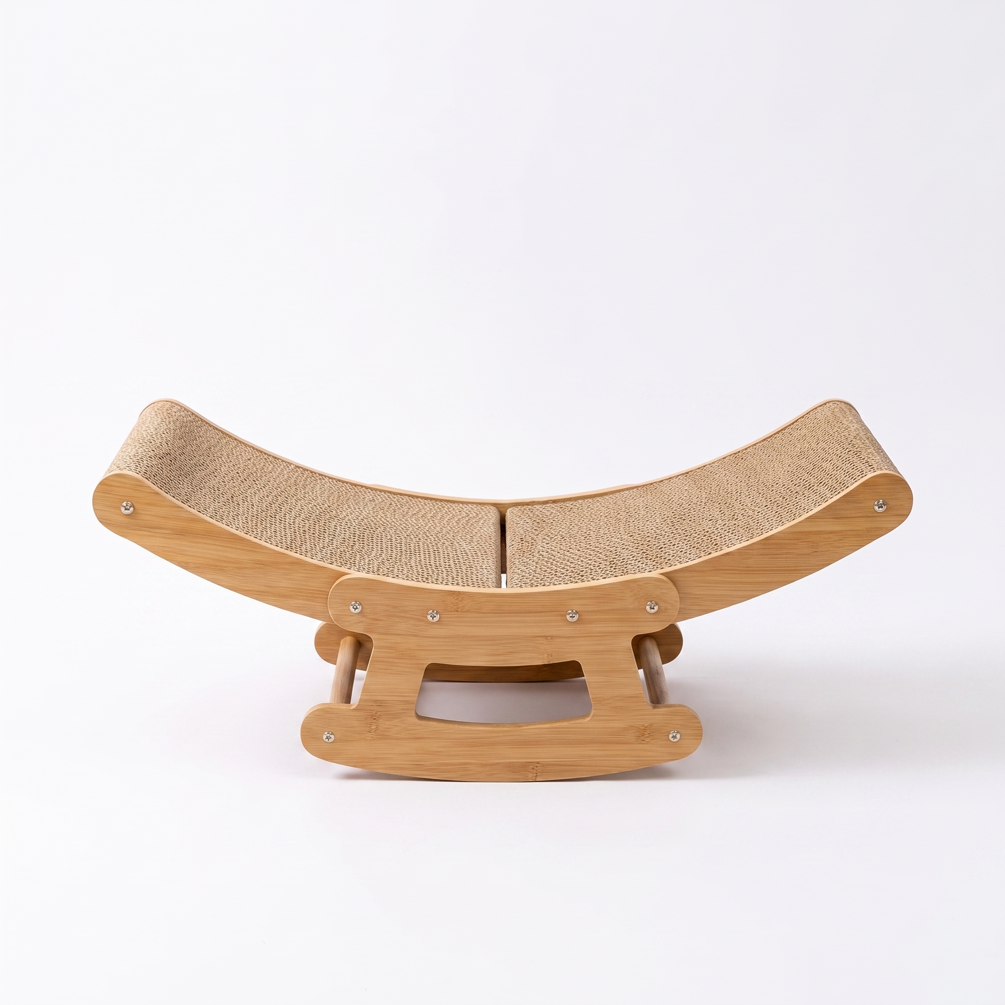 Rocca bamboo frame cat rocking chair with corrugated scratcher bed on a plain white background