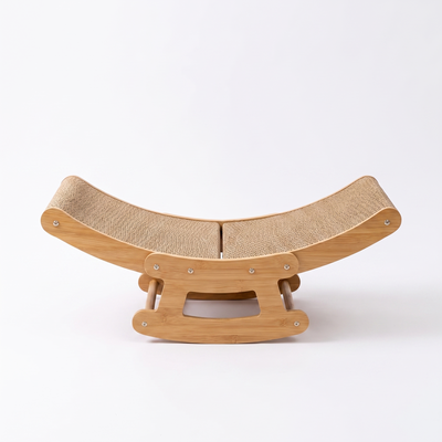 Rocca bamboo frame cat rocking chair with corrugated scratcher bed on a plain white background