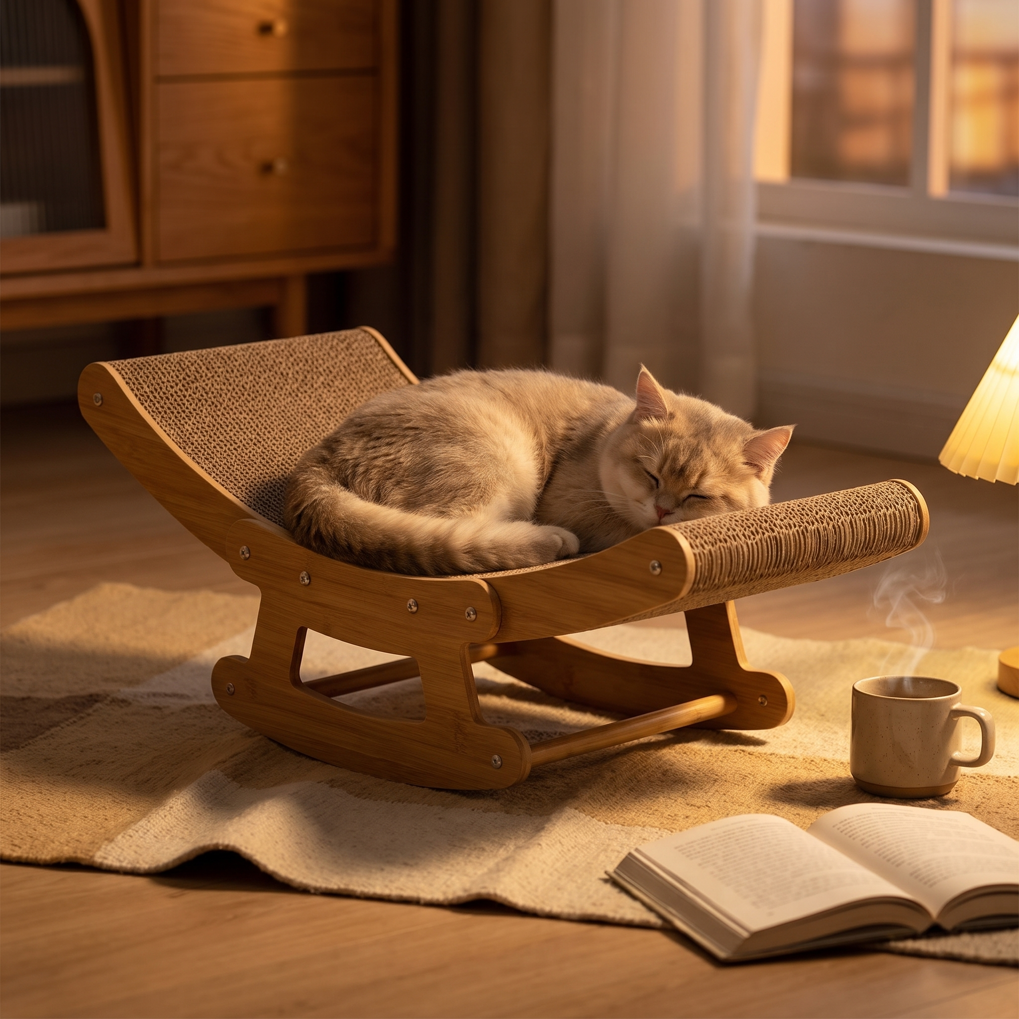 Rocca bamboo cat rocking chair in warm evening light with a cat curled asleep