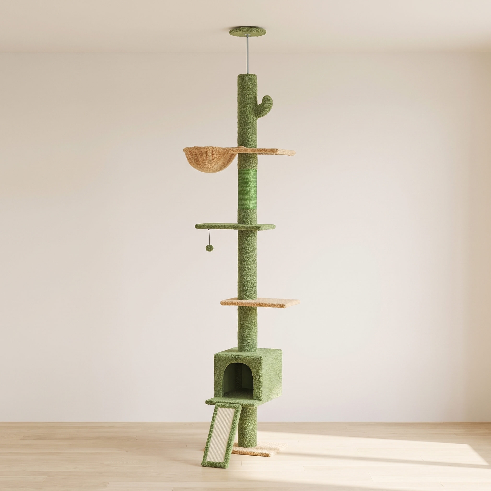 Saguaro cactus cat tower in a minimal room against a warm off-white wall