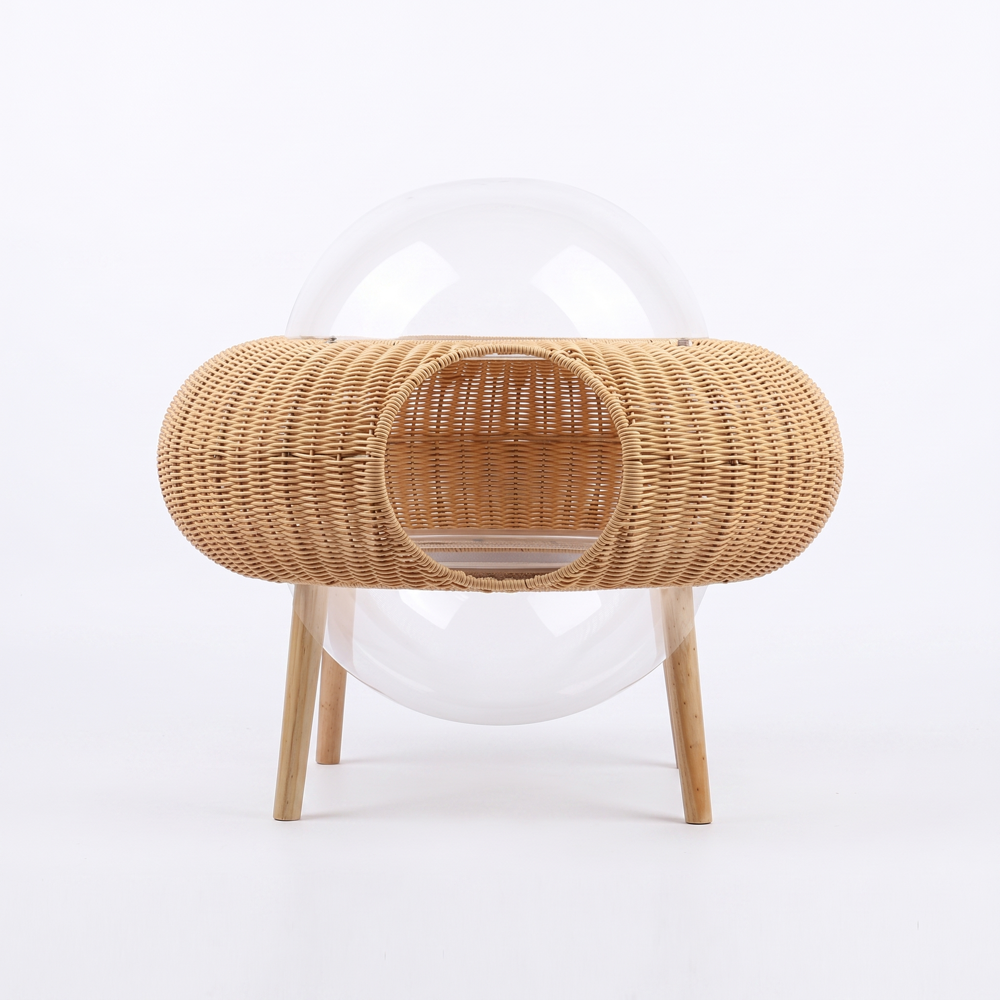 Saffra hand knitted straw rattan cat nest on a plain white background