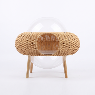 Saffra hand knitted straw rattan cat nest on a plain white background