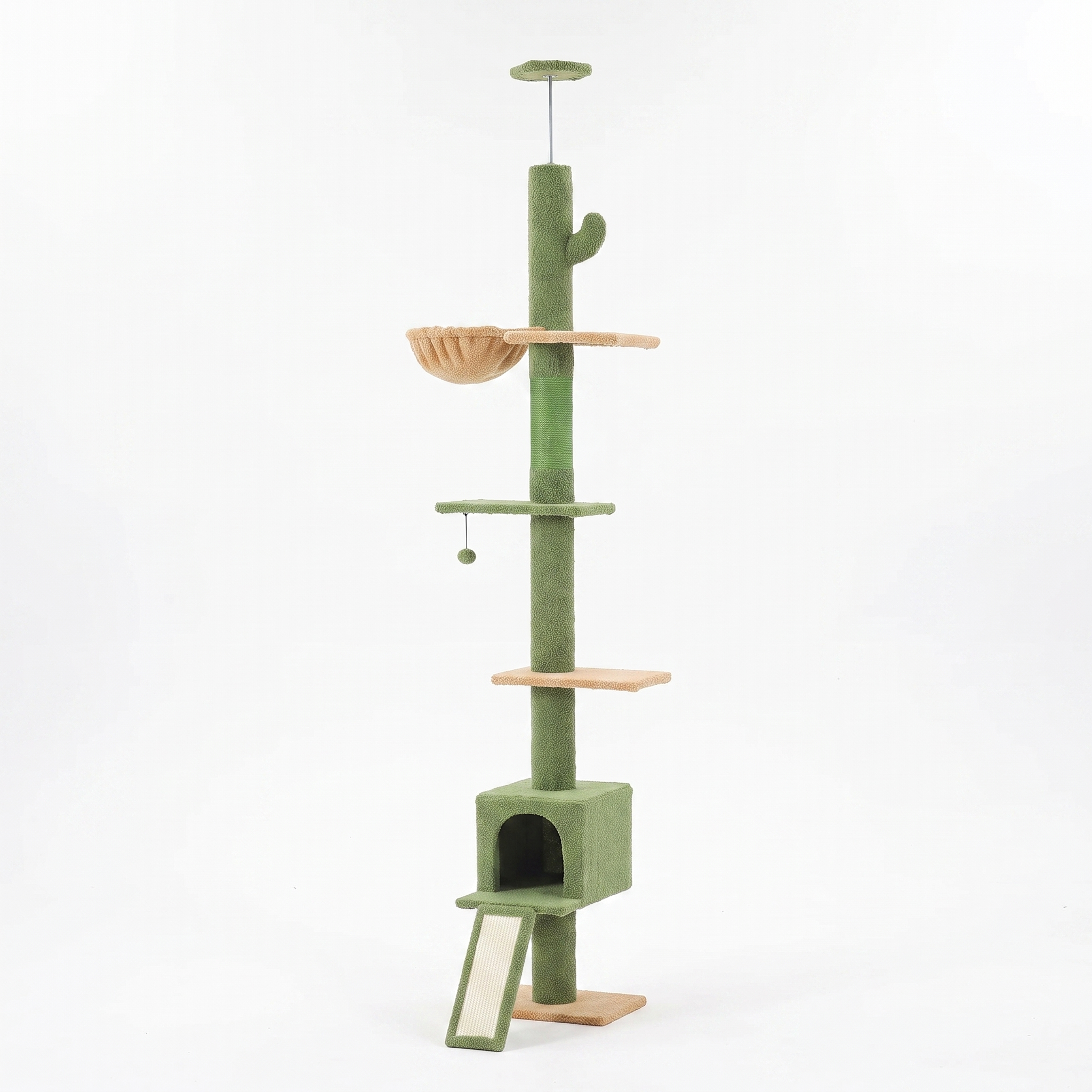 Saguaro cactus cat tower with sisal post and hammock on a plain white background