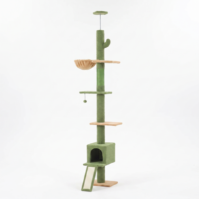 Saguaro cactus cat tower with sisal post and hammock on a plain white background