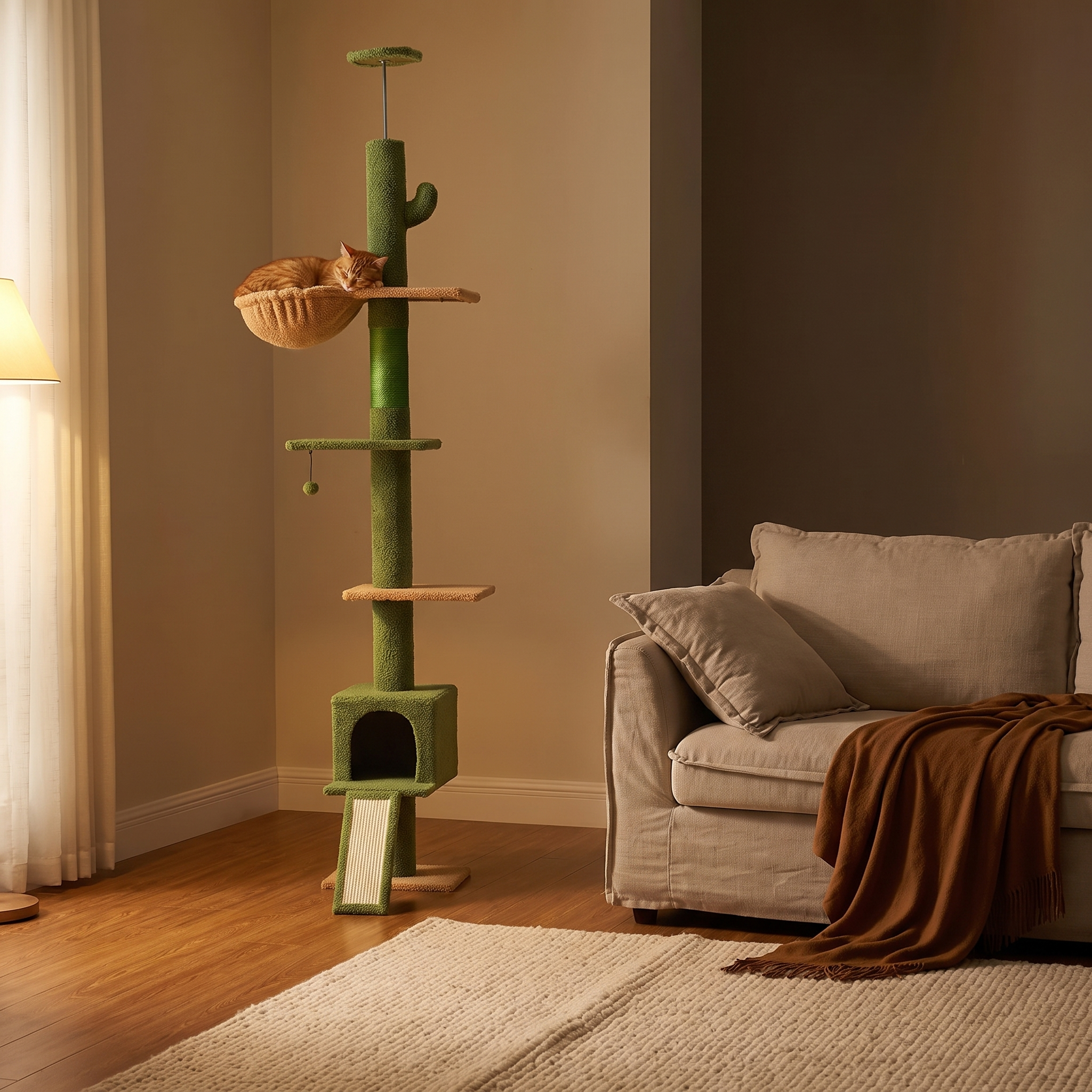Saguaro cactus cat tower in warm evening light with a cat curled asleep in the hammock