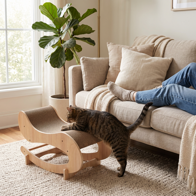 Shaker solid wood cat scratching board bed in a lived-in room with a cat scratching on it