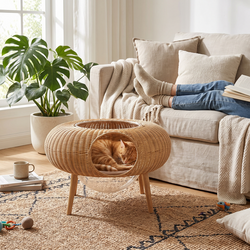 Saffra | Hand Knitted Straw Rattan Cat Nest for Year Round Indoor Comfort