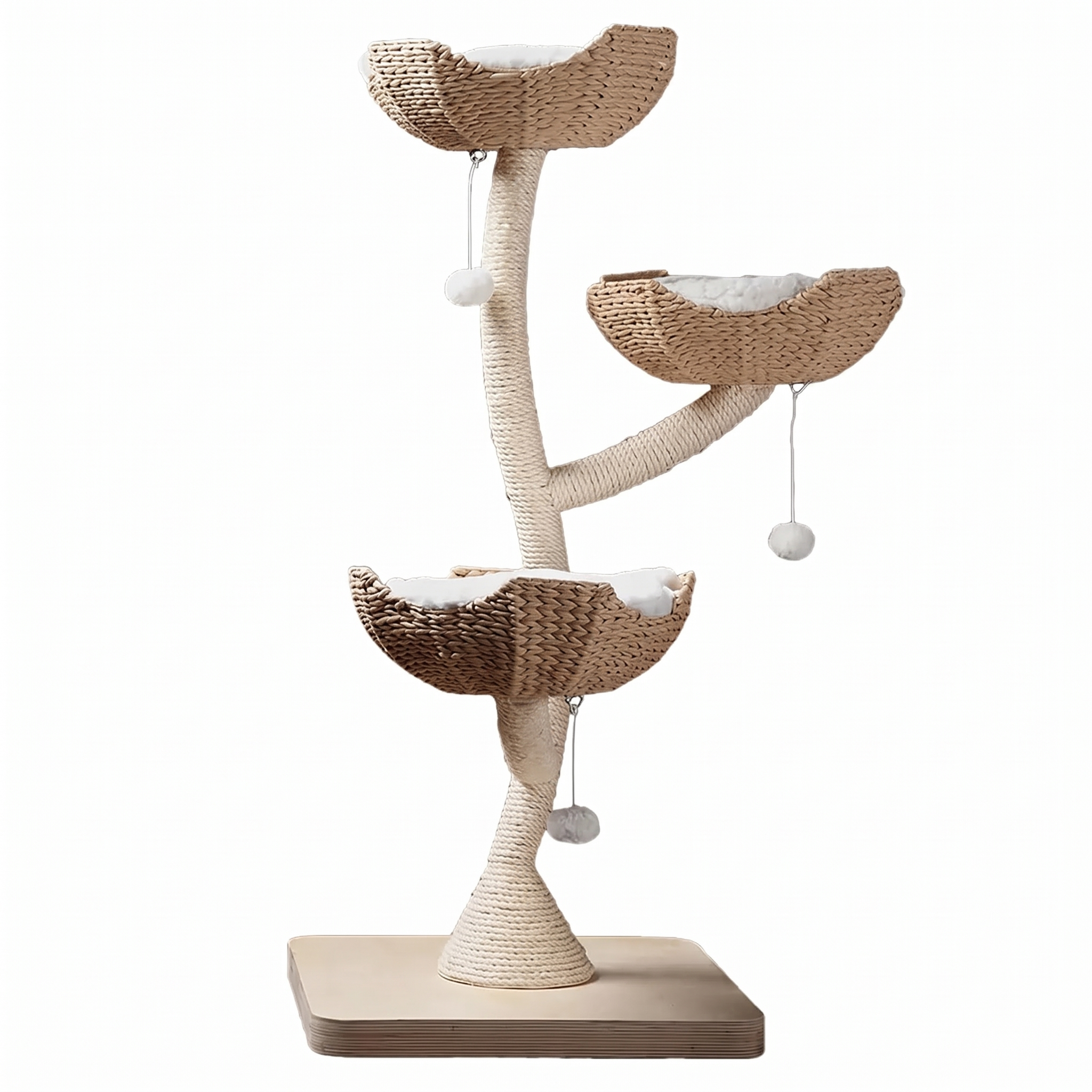 Sovereign luxury cat tree tower with three faux fur beds on a plain white background