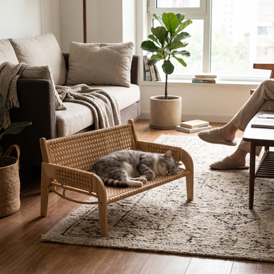 Sofira rattan cat sofa in a lived-in living room with a cat lounging on it