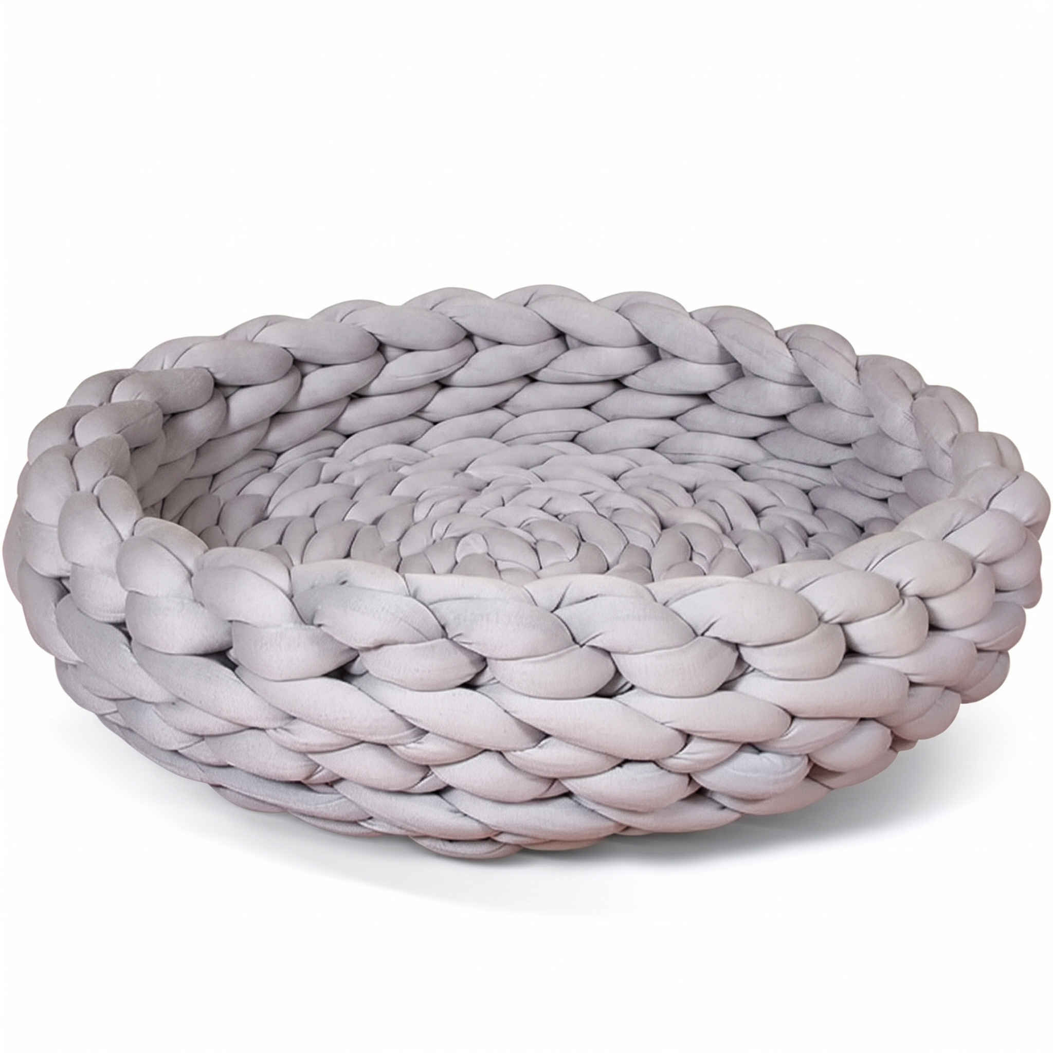 Skein round knitted flexible grey cat bed on a plain white background