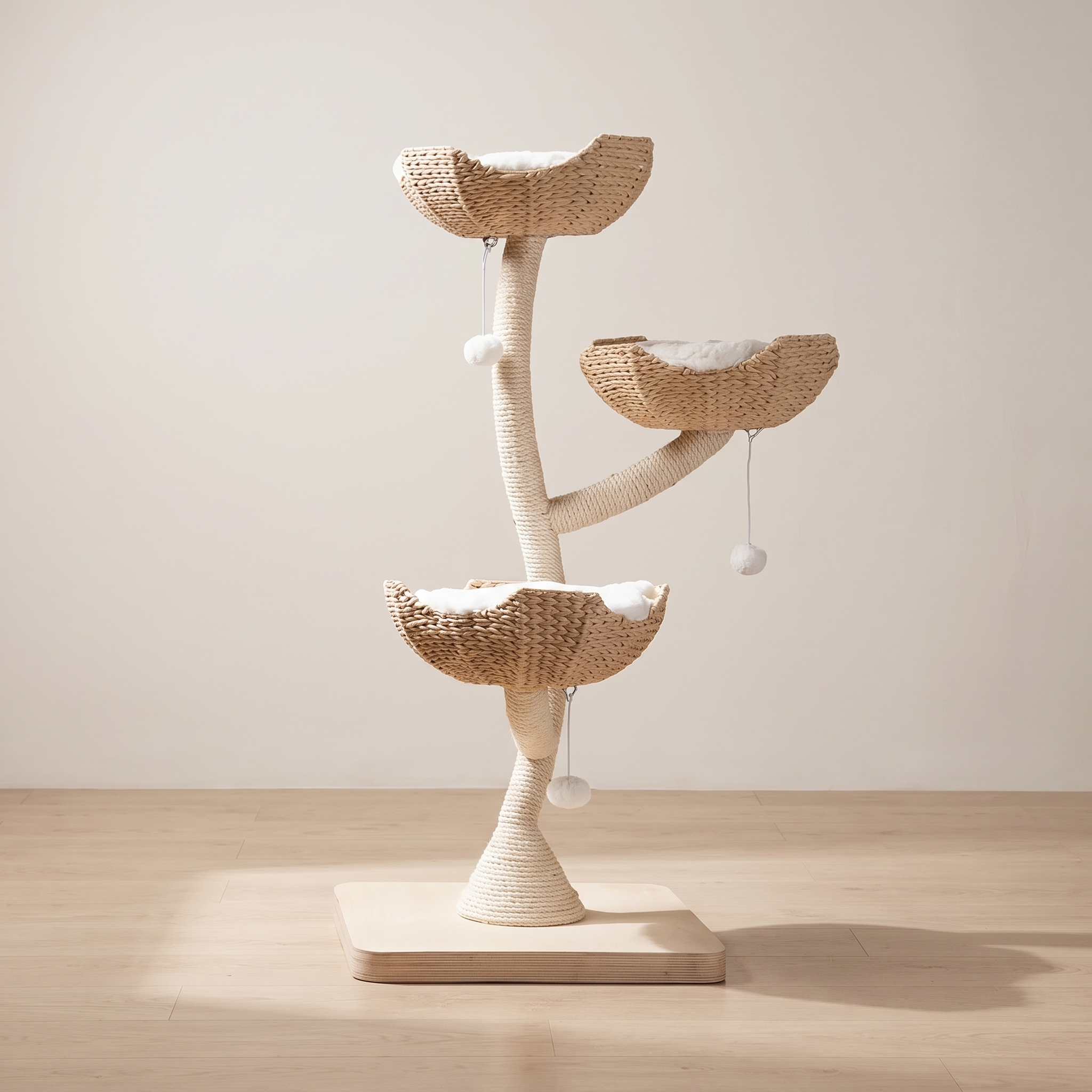 Sovereign luxury cat tree tower in a minimal room against a warm off-white wall