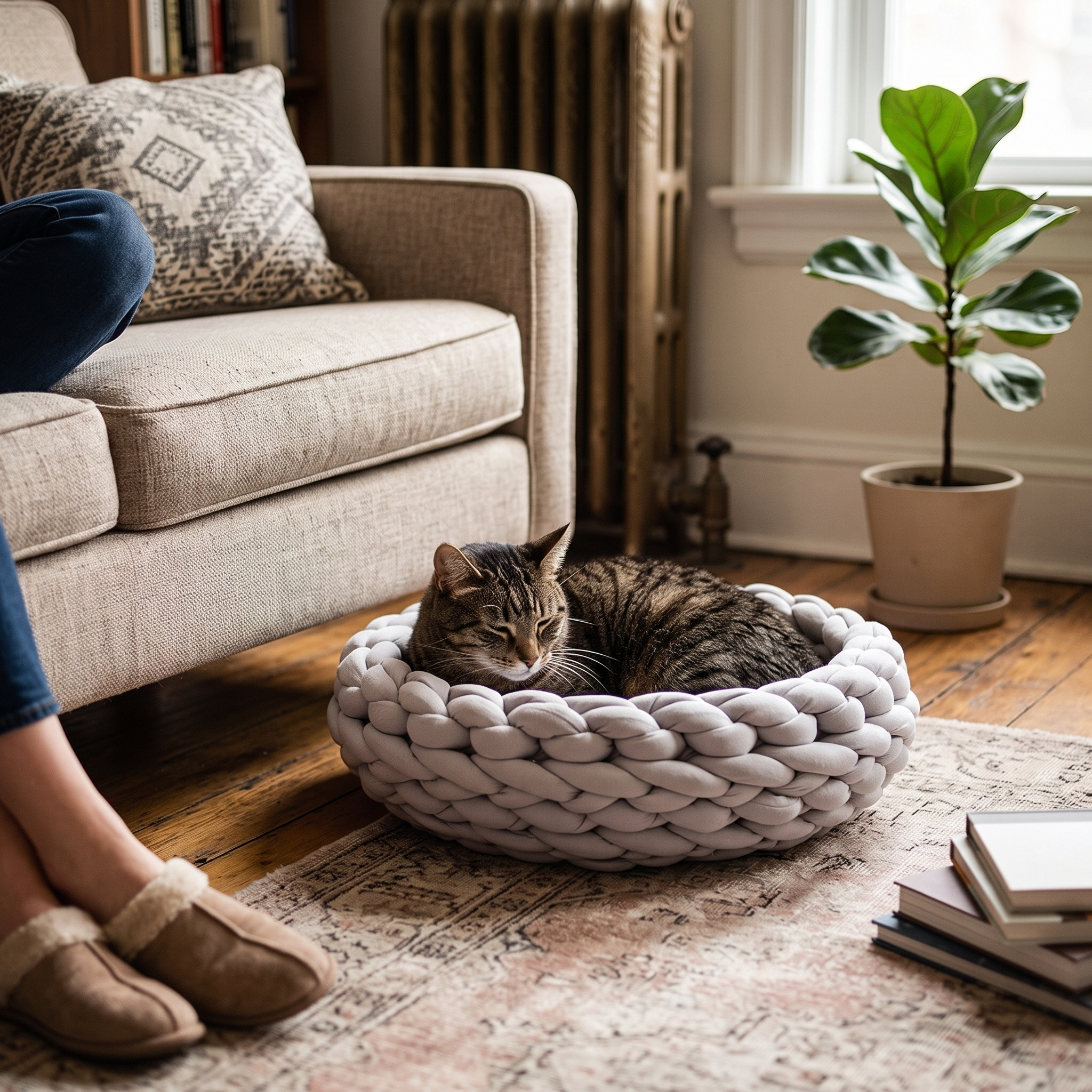 Skein round knitted cat bed in a lived-in room with a cat curled inside