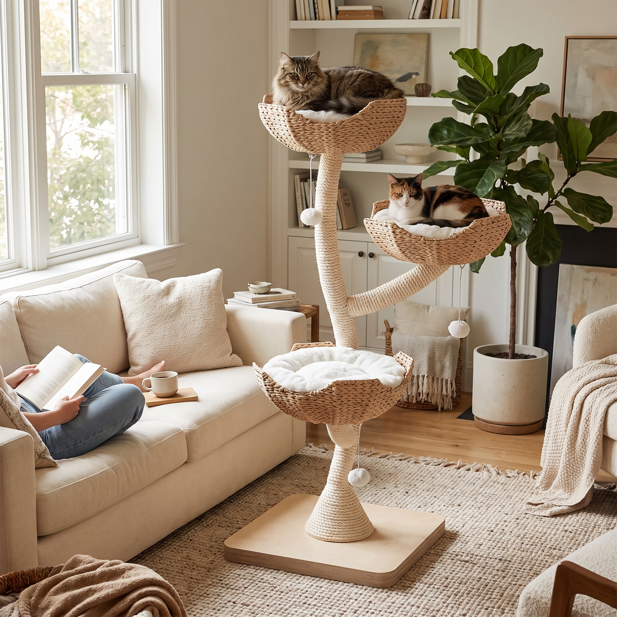 Sovereign luxury cat tree tower in a lived-in living room with cats resting on the beds