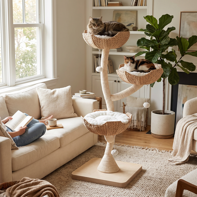 Sovereign luxury cat tree tower in a lived-in living room with cats resting on the beds